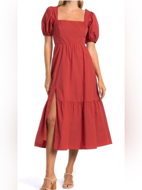 Astr Dresses & Skirts - Astr The Label Poplin Puff Tiered Midi Dress Brick Color M Boho Cottagecore